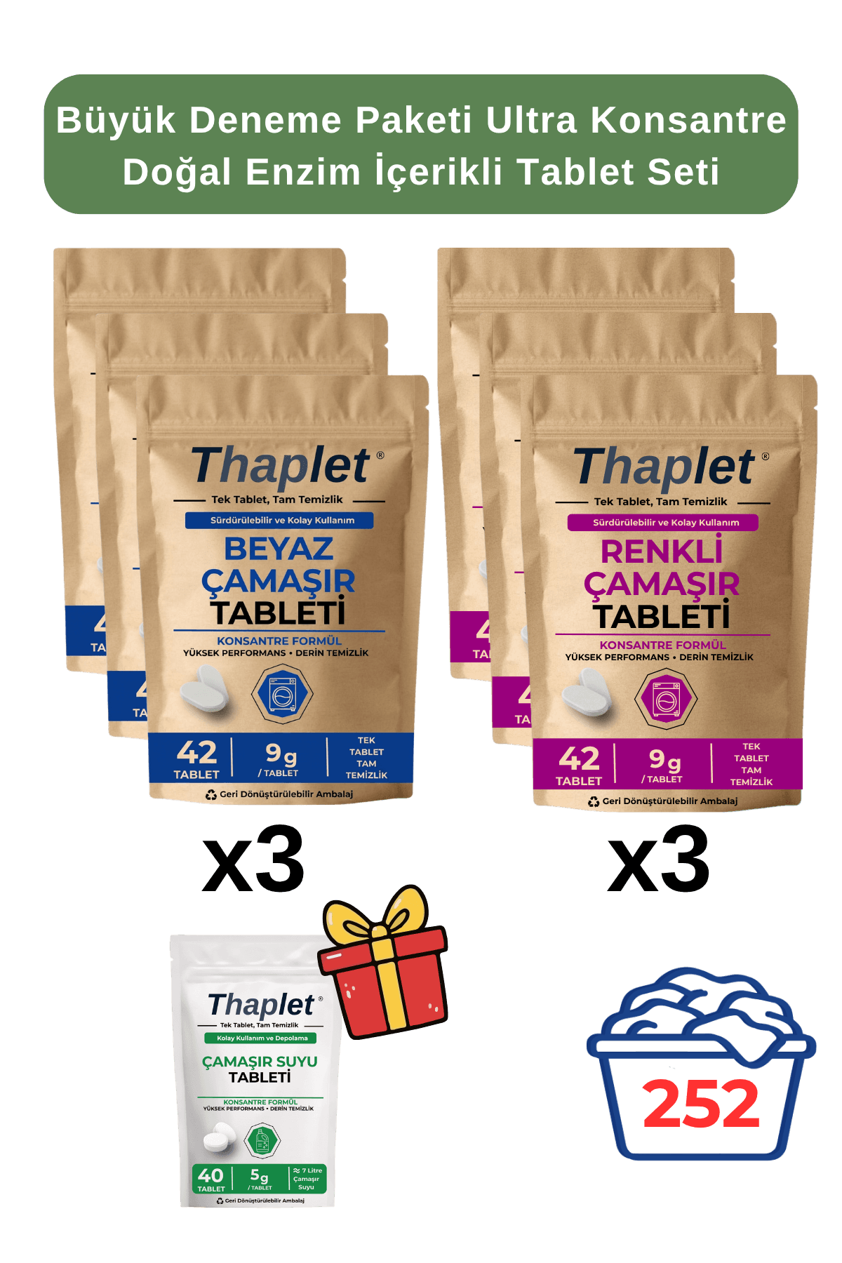 Thaplet Doğal Enzim İçerikli Çamaşır Deterjanı Seti 252 Tablet + Çamaşır Suyu Tableti Hediyeli