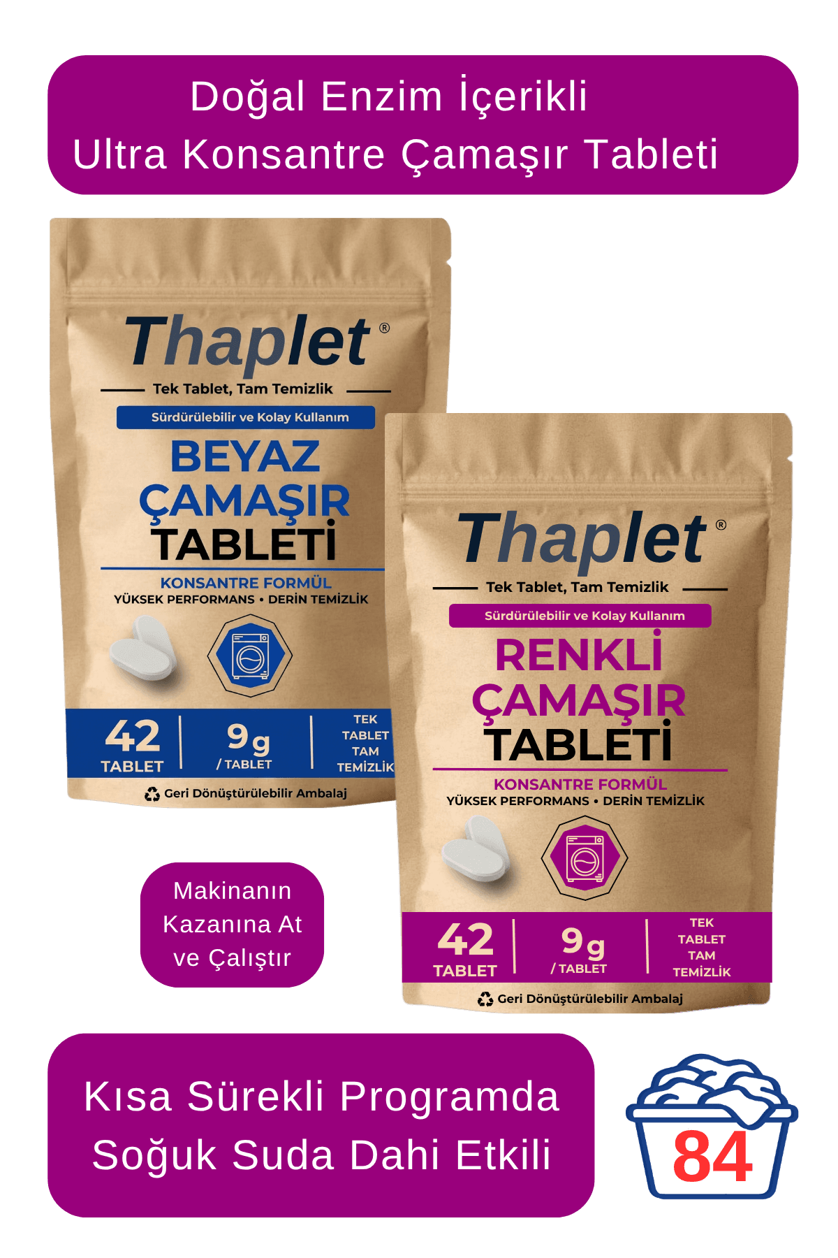 Thaplet Doğal Enzim İçerikli Çamaşır Deterjanı Seti 84 Adet Tablet