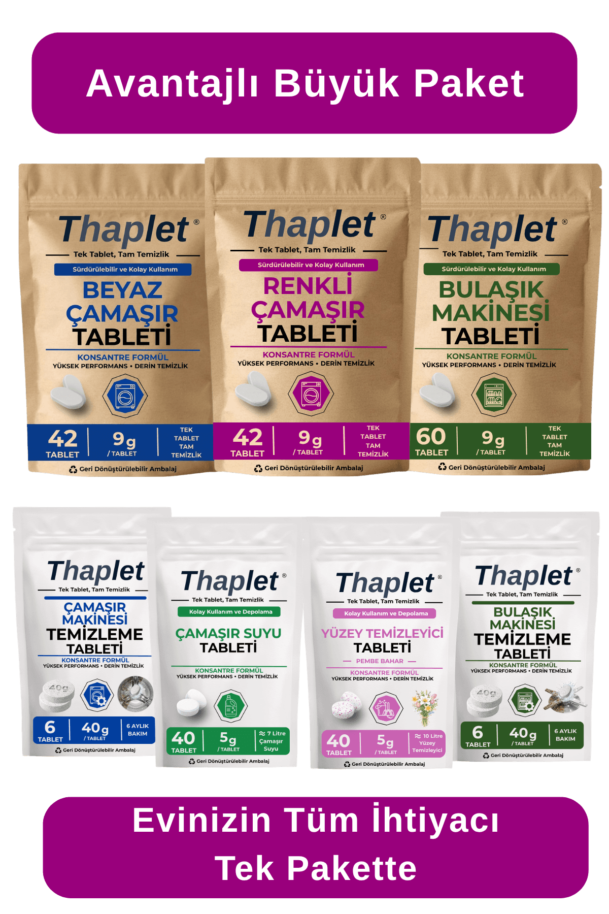 Thaplet Avantajlı Büyük Set - Çamaşır Makinesi ve Bulaşık Makinesi Tabletleri + Makine Bakım Tabletleri + Çamaşır Suyu ve Yüzey Temizleyici Tabletleri