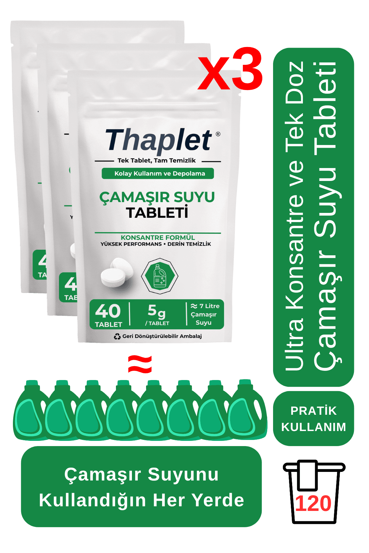 Thaplet Çamaşır Suyu Tableti 120 Adet 3 Paket Ultra Kullanışlı Konsantre Tablet