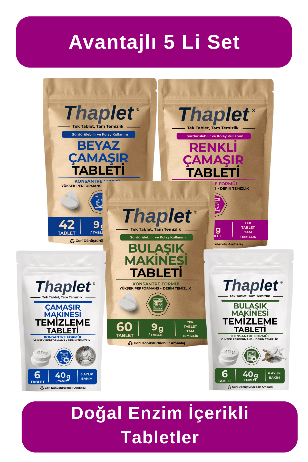Thaplet Avantajlı 5li Set Beyaz ve Renkli Çamaşır Deterjanı Tableti ve Bulaşık Makinesi Tableti + Çamaşır ve Bulaşık Makine Bakım Tabletleri