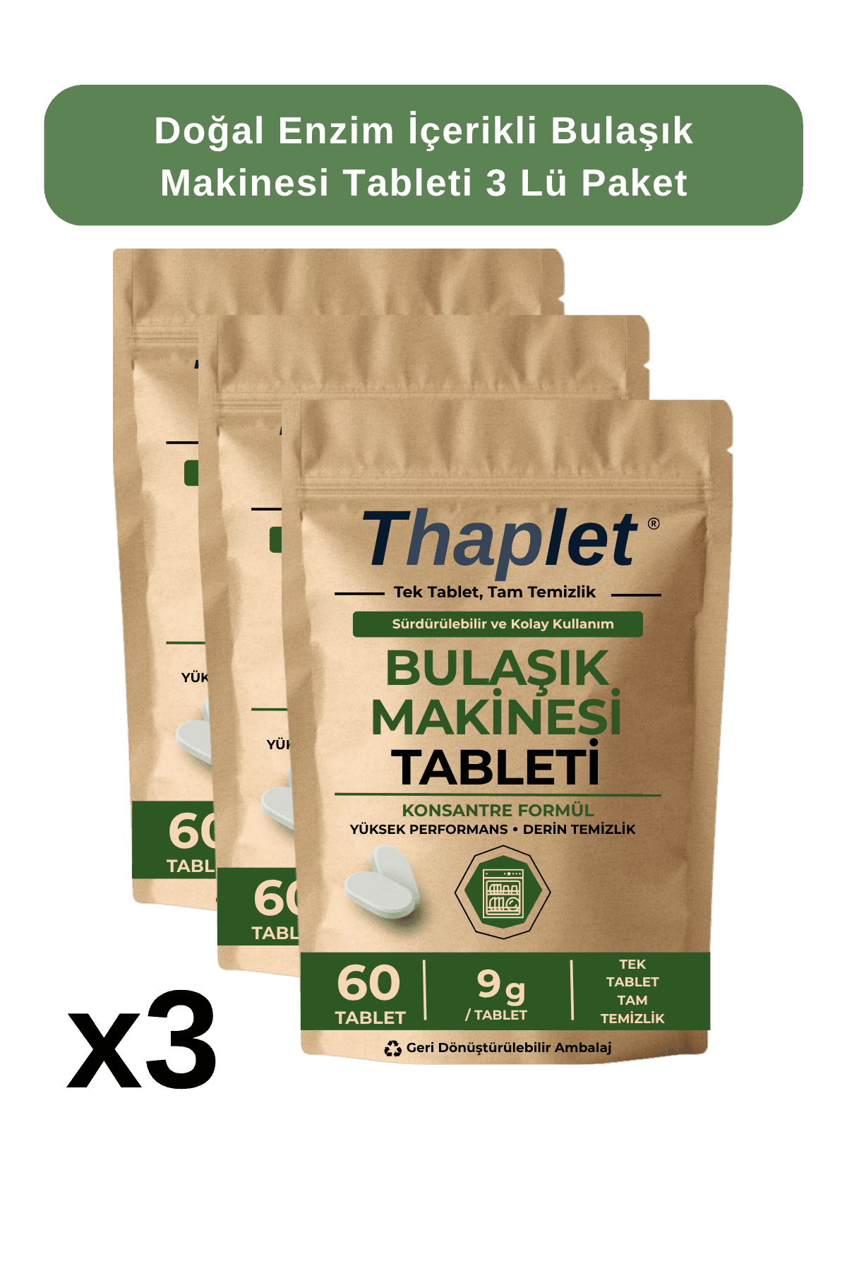 Thaplet Doğal Enzim İçerikli Bulaşık Makinesi Tableti 180 Adet
