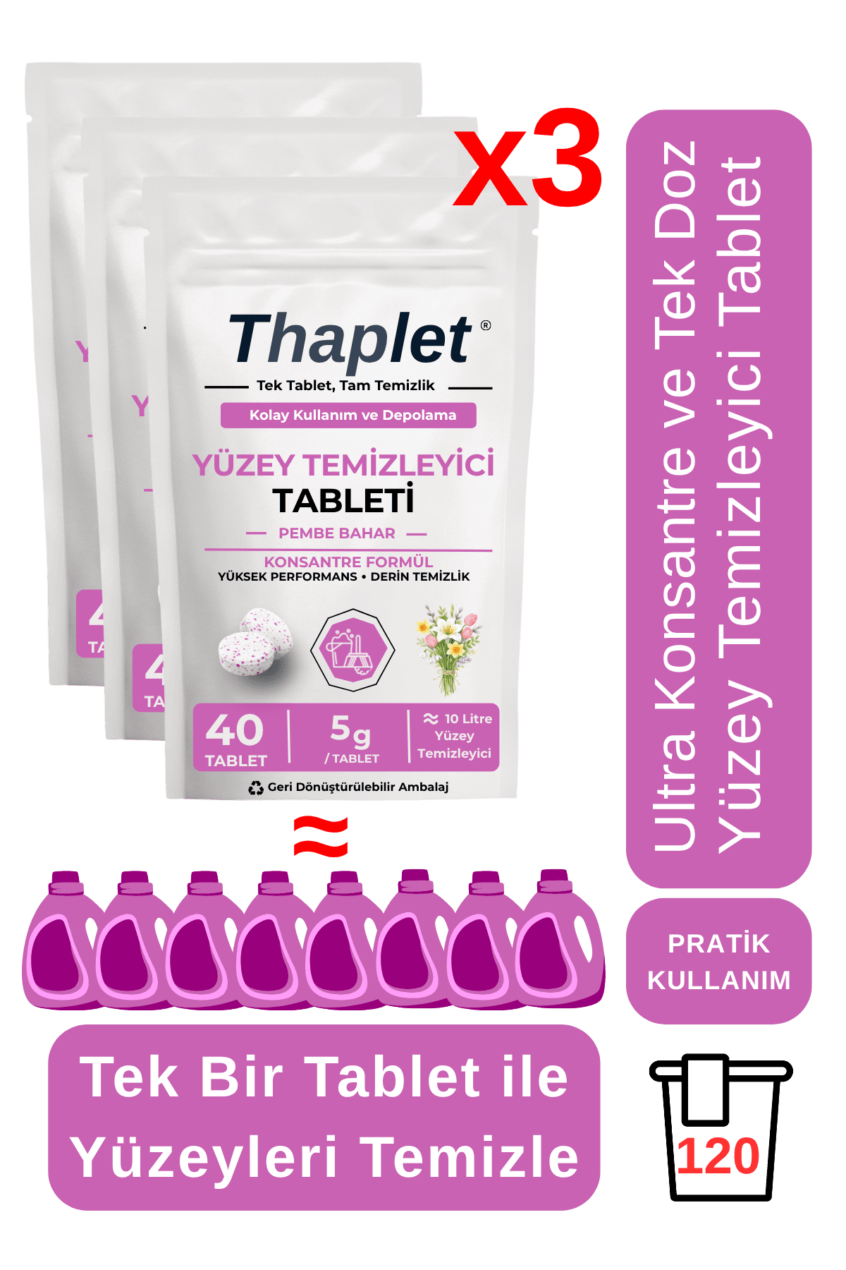 Thaplet Yüzey Temizleyici Tableti 120 Adet 3 Paket Ultra Kullanışlı Konsantre Tablet