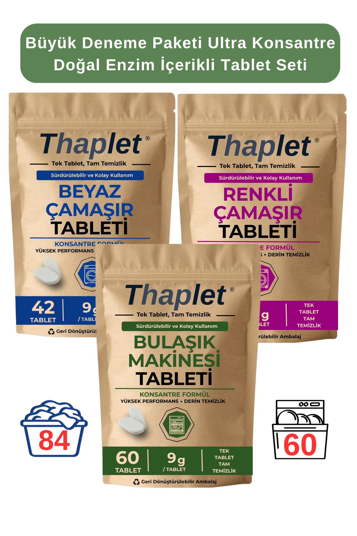 Thaplet Doğal Enzim İçerikli Çamaşır Deterjanı ve Bulaşık Makinesi Tablet Seti